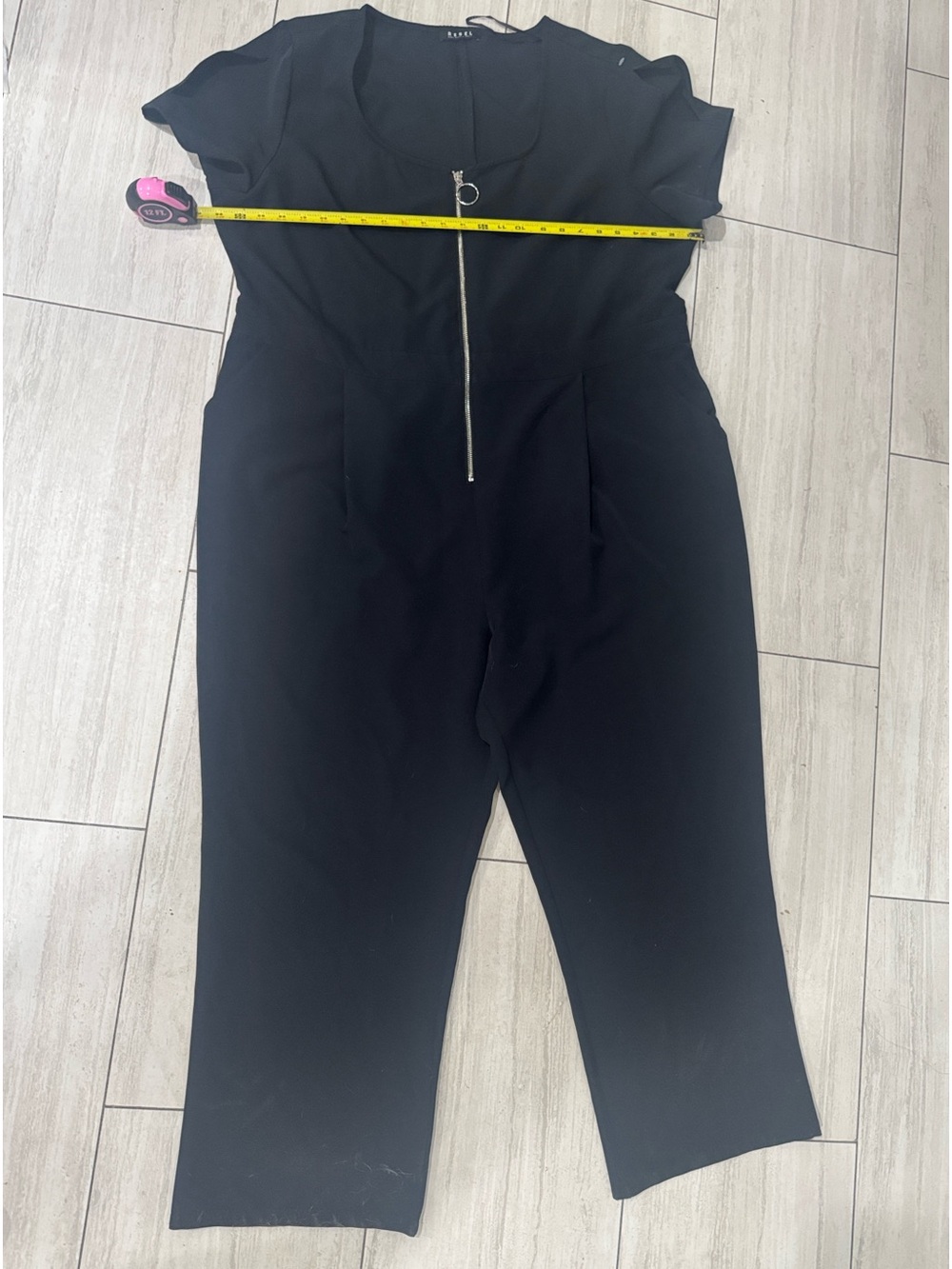 Black Short-Sleeve Jumpsuit with Front Zip by RACHEL